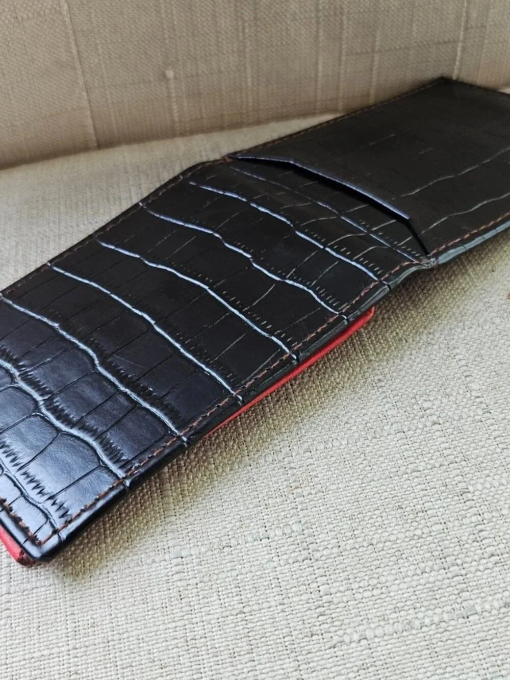 Handmade Card Holder Black Genuine Leather Crocodile Pattern Cardholder Read des